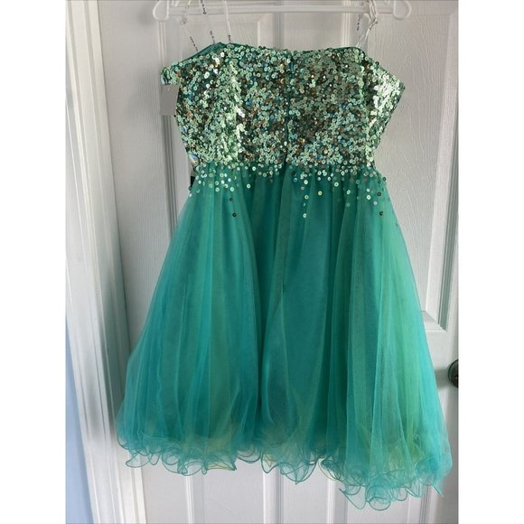 Lime by Riva Turquoise Short Baby Doll Rhinestone Prom Dress w/ Straps size 10 - Picture 4 of 4